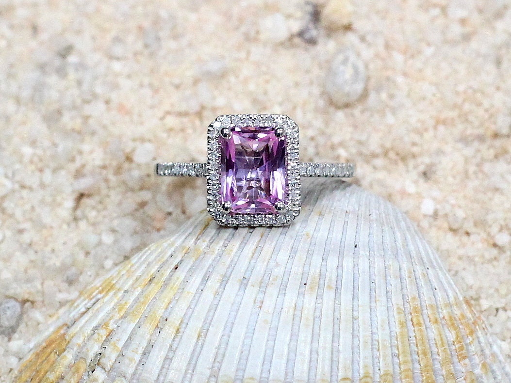 Pink Sapphire & Diamonds Halo Engagement Ring Emerald cut Hemera 2ct 8x6mm Custom Size White-Yellow-Rose Gold-10k-14k-18k-Platinum BellaMoreDesign.com