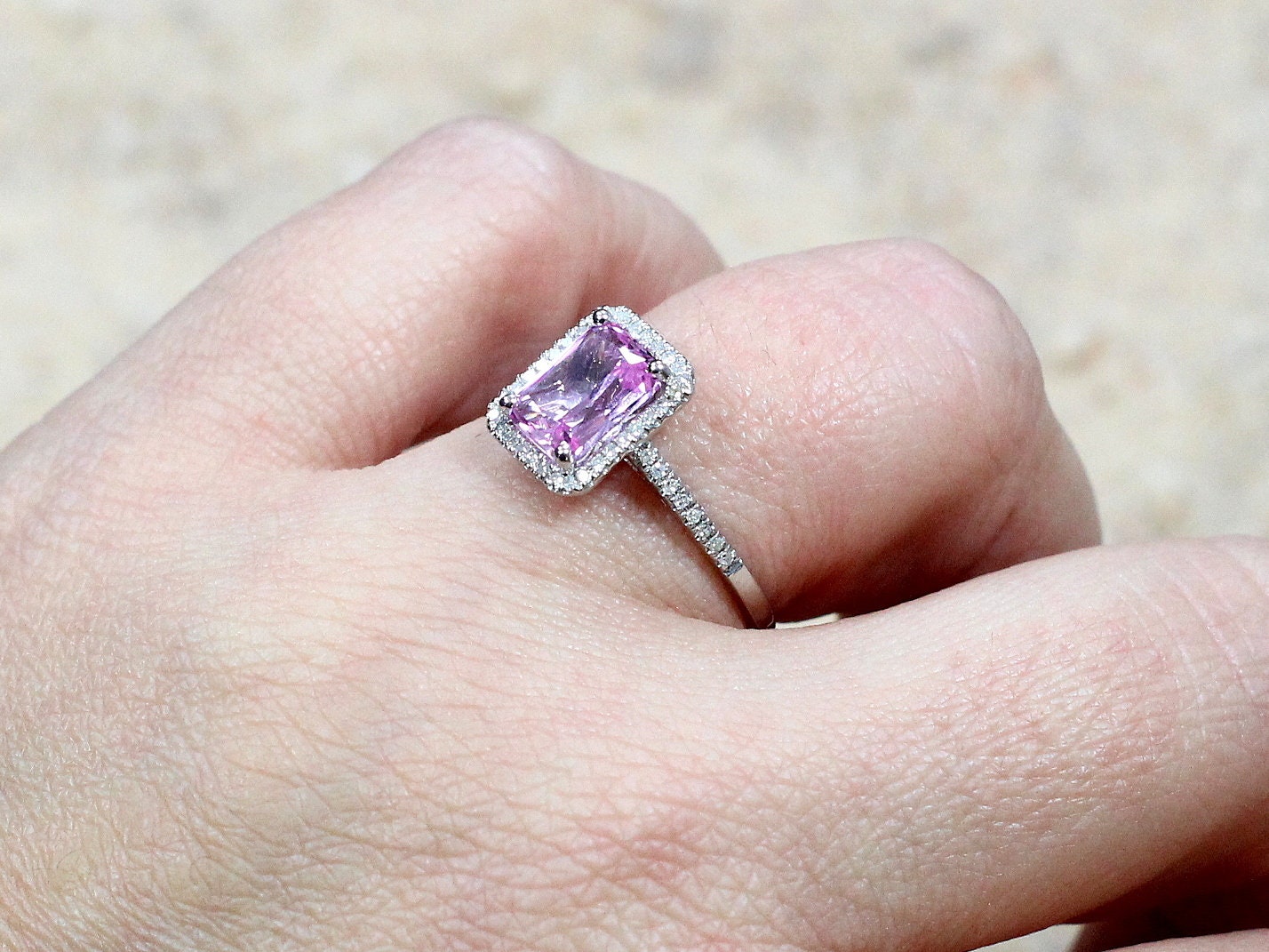 Pink Sapphire & Diamonds Halo Engagement Ring Emerald cut Hemera 2ct 8x6mm Custom Size White-Yellow-Rose Gold-10k-14k-18k-Platinum BellaMoreDesign.com