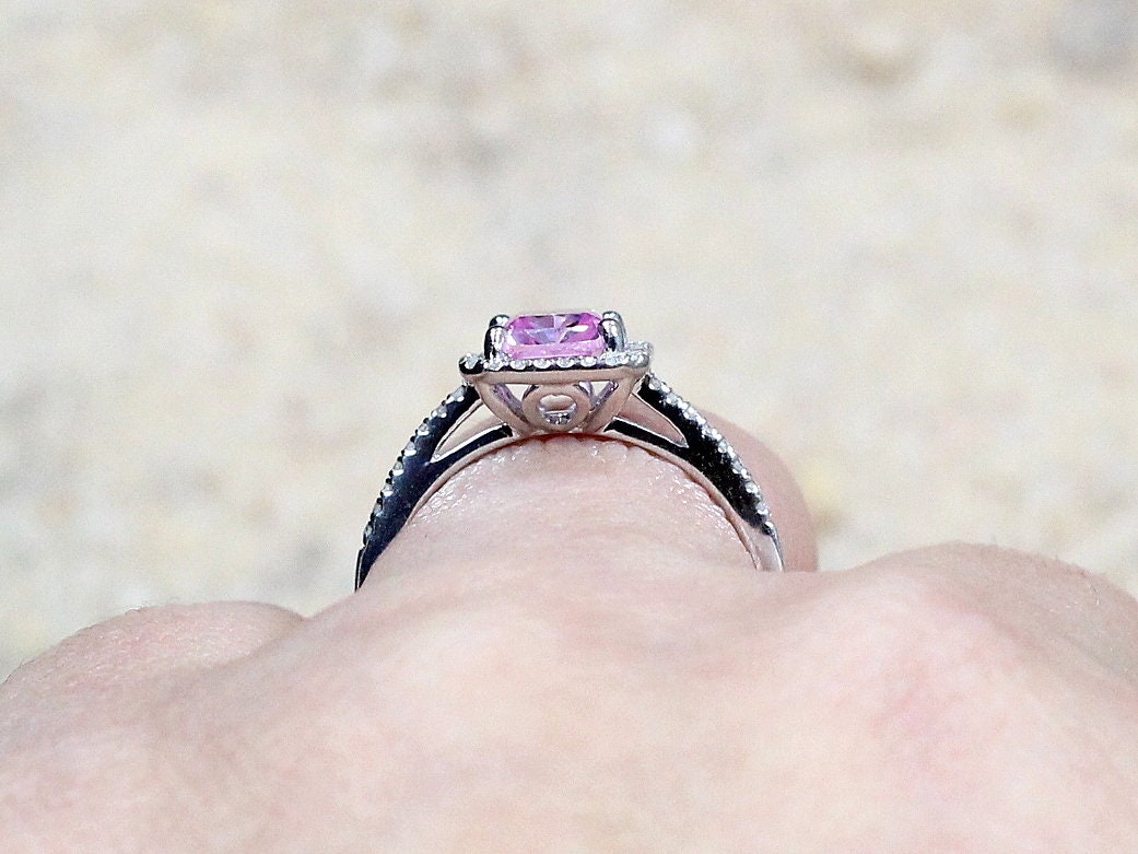 Pink Sapphire & Diamonds Halo Engagement Ring Emerald cut Hemera 2ct 8x6mm Custom Size White-Yellow-Rose Gold-10k-14k-18k-Platinum BellaMoreDesign.com