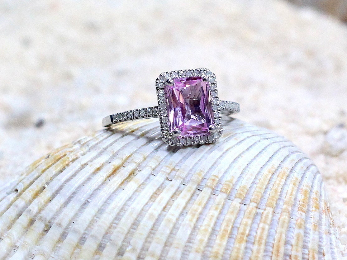 Pink Sapphire & Diamonds Halo Engagement Ring Emerald cut Hemera 2ct 8x6mm Custom Size White-Yellow-Rose Gold-10k-14k-18k-Platinum BellaMoreDesign.com
