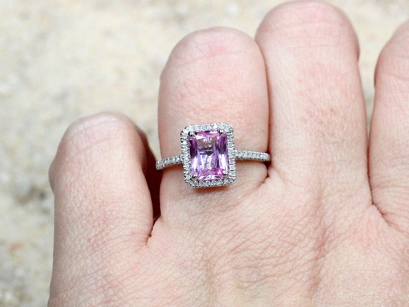 Pink Sapphire & Diamonds Halo Engagement Ring Emerald cut Hemera 2ct 8x6mm Custom Size White-Yellow-Rose Gold-10k-14k-18k-Platinum BellaMoreDesign.com