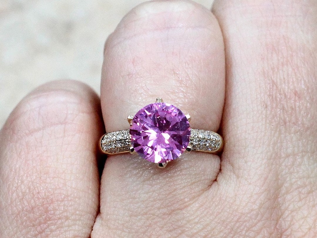 Pink Sapphire & Diamonds prongs Engagement Ring Crown Jewel Round High Profile 3ct 9mm Custom White-Yellow-Rose Gold-10k-14k-18k-Platinum BellaMoreDesign.com