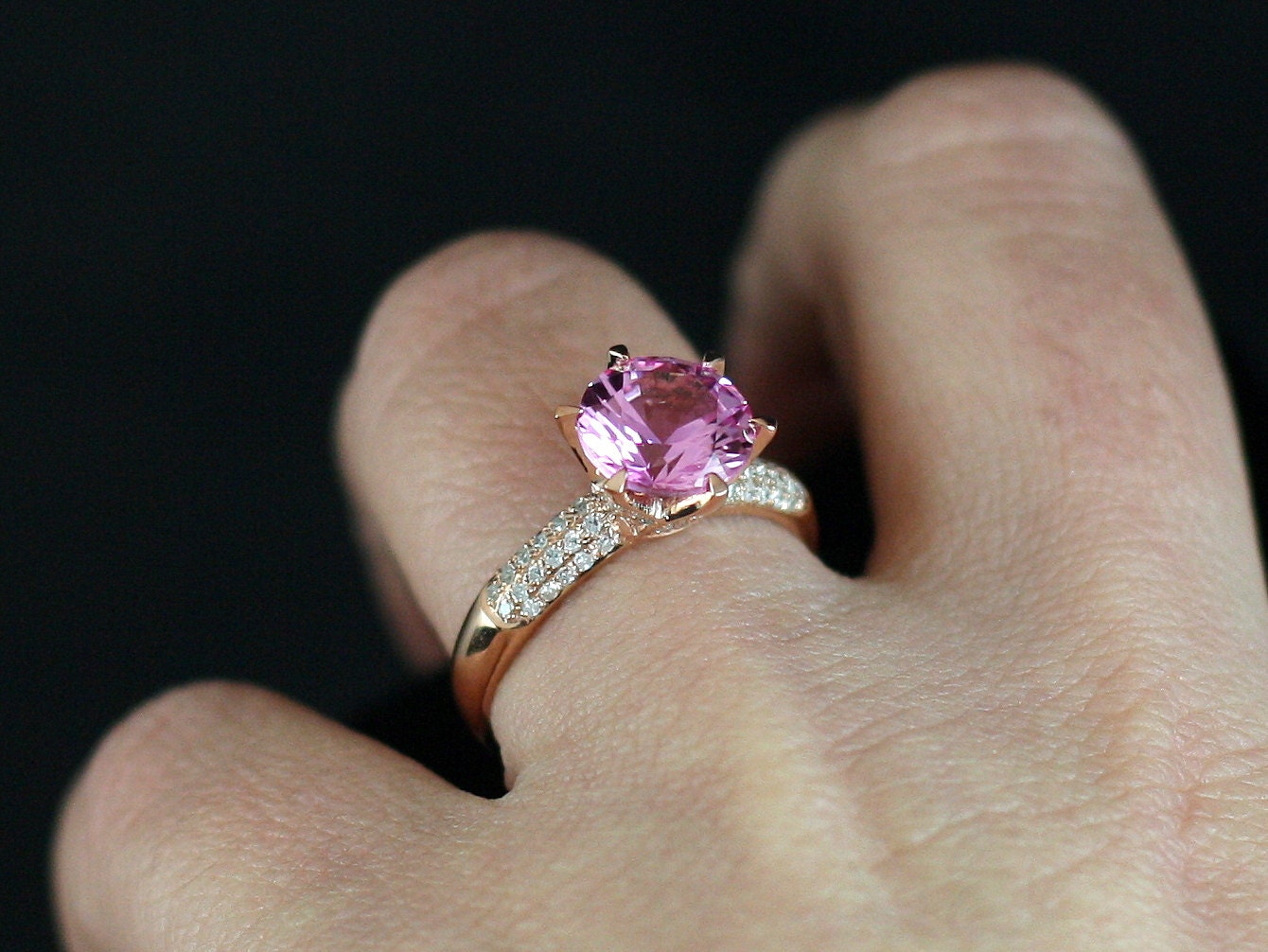 Pink Sapphire & Diamonds prongs Engagement Ring Crown Jewel Round High Profile 3ct 9mm Custom White-Yellow-Rose Gold-10k-14k-18k-Platinum BellaMoreDesign.com