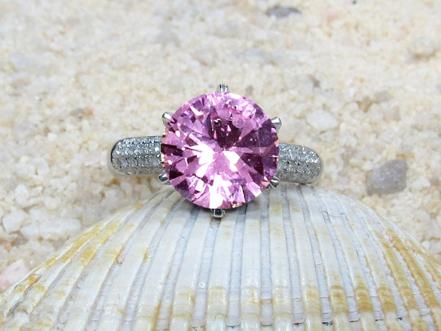Pink Sapphire & Diamonds prongs Engagement Ring Crown Jewel Round High Profile 3ct 9mm Custom White-Yellow-Rose Gold-10k-14k-18k-Platinum BellaMoreDesign.com