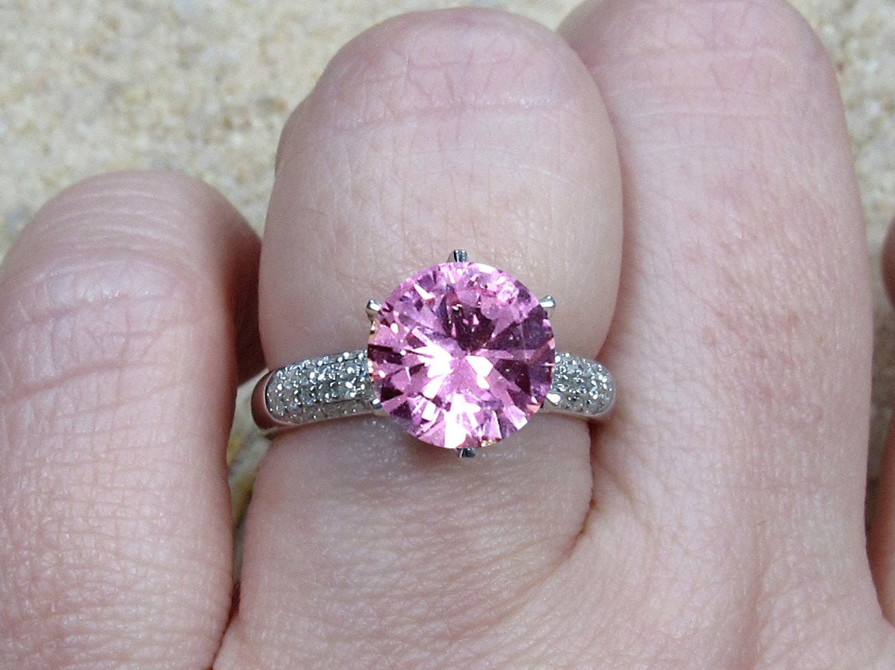 Pink Sapphire & Diamonds prongs Engagement Ring Crown Jewel Round High Profile 3ct 9mm Custom White-Yellow-Rose Gold-10k-14k-18k-Platinum BellaMoreDesign.com