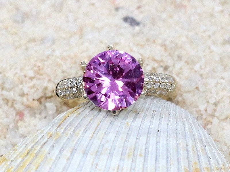 Pink Sapphire & Diamonds prongs Engagement Ring Crown Jewel Round High Profile 3ct 9mm Custom White-Yellow-Rose Gold-10k-14k-18k-Platinum BellaMoreDesign.com