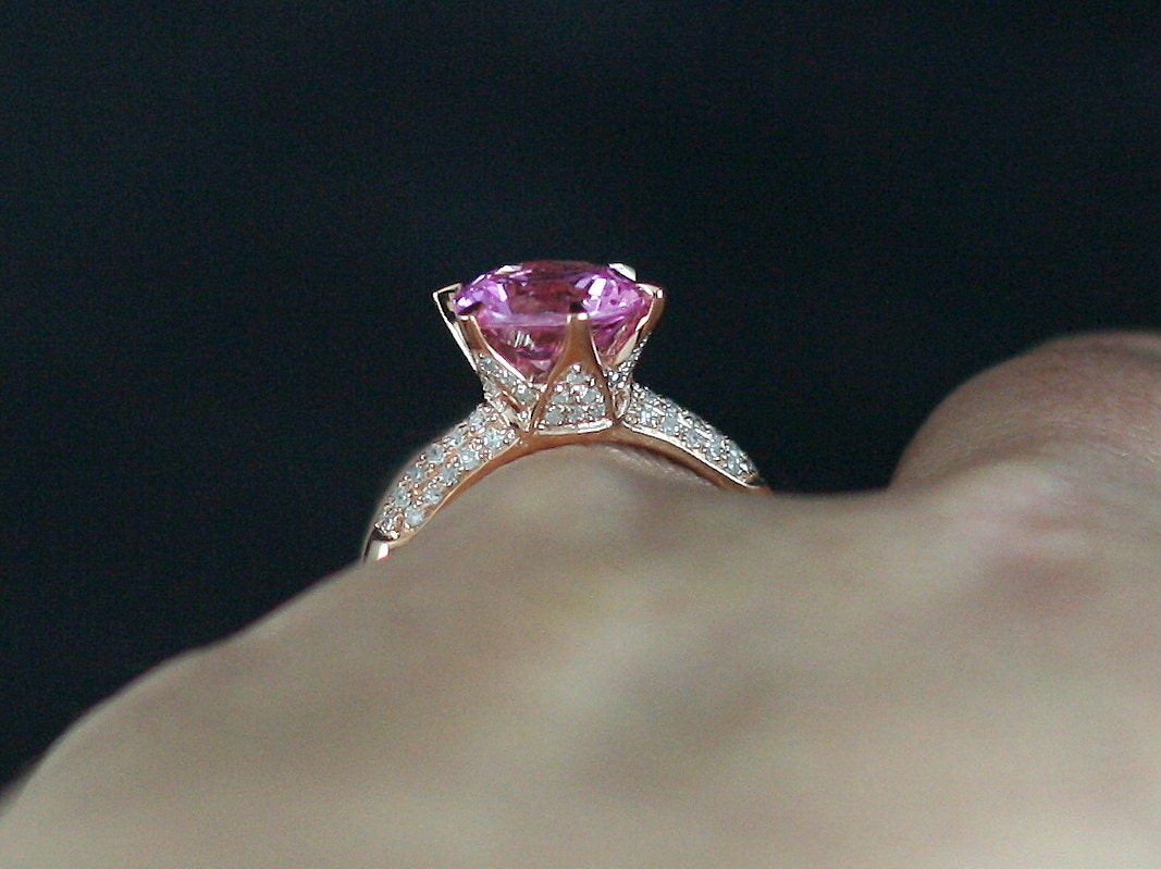 Pink Sapphire & Diamonds prongs Engagement Ring Crown Jewel Round High Profile 3ct 9mm Custom White-Yellow-Rose Gold-10k-14k-18k-Platinum BellaMoreDesign.com