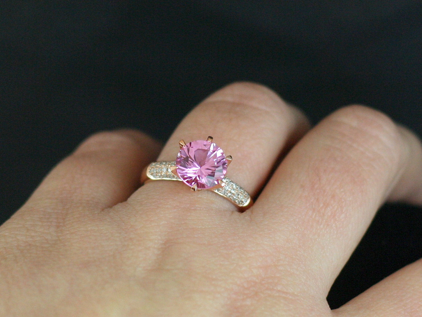 Pink Sapphire & Diamonds prongs Engagement Ring Crown Jewel Round High Profile 3ct 9mm Custom White-Yellow-Rose Gold-10k-14k-18k-Platinum BellaMoreDesign.com