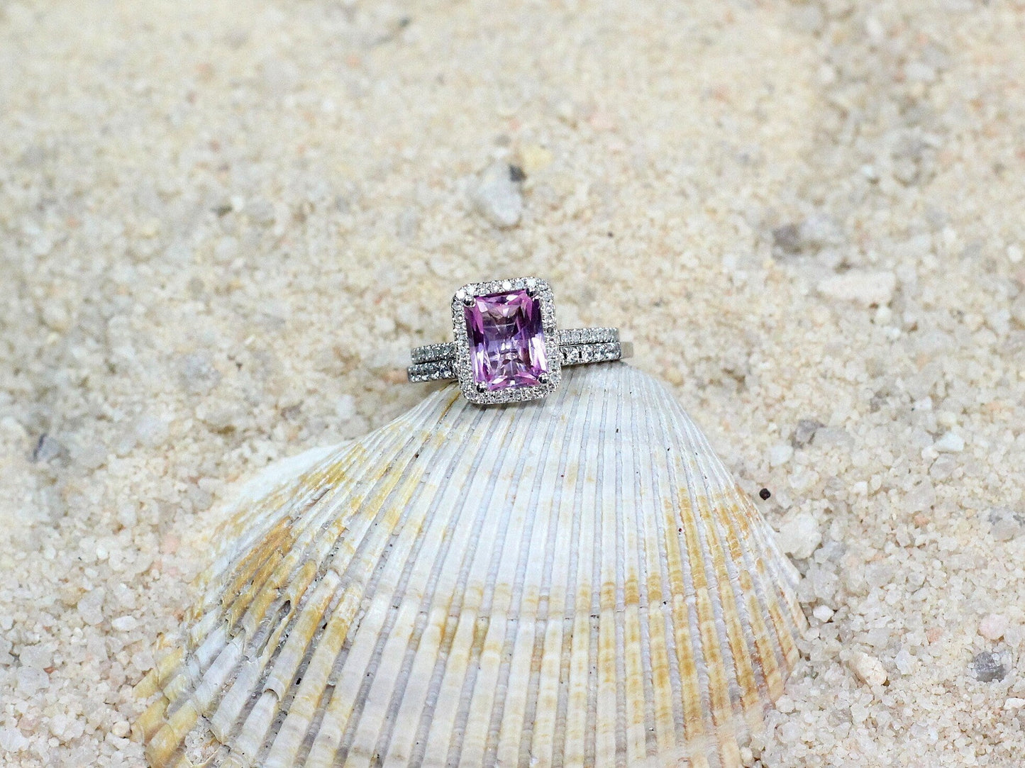 Pink Sapphire Enagement Ring Set, Diamond Emerald Halo, Ione, 2ct,wedding ring set,promise ring, gift ofr her BellaMoreDesign.com