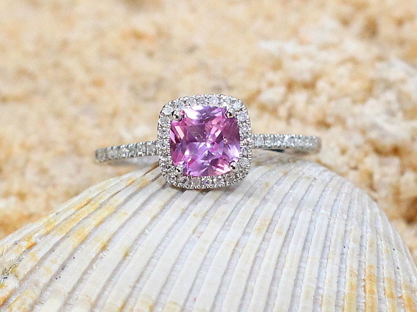 Pink Sapphire Engagement Ring,Cushion Halo Ring,Cuscino Petite,1ct Ring,Pink Sapphire Ring,White-Yellow-Rose Gold-10k-14k-18k-Plt BellaMoreDesign.com