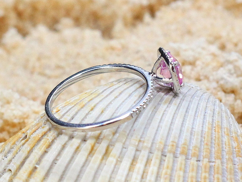 Pink Sapphire Engagement Ring,Cushion Halo Ring,Cuscino Petite,1ct Ring,Pink Sapphire Ring,White-Yellow-Rose Gold-10k-14k-18k-Plt BellaMoreDesign.com