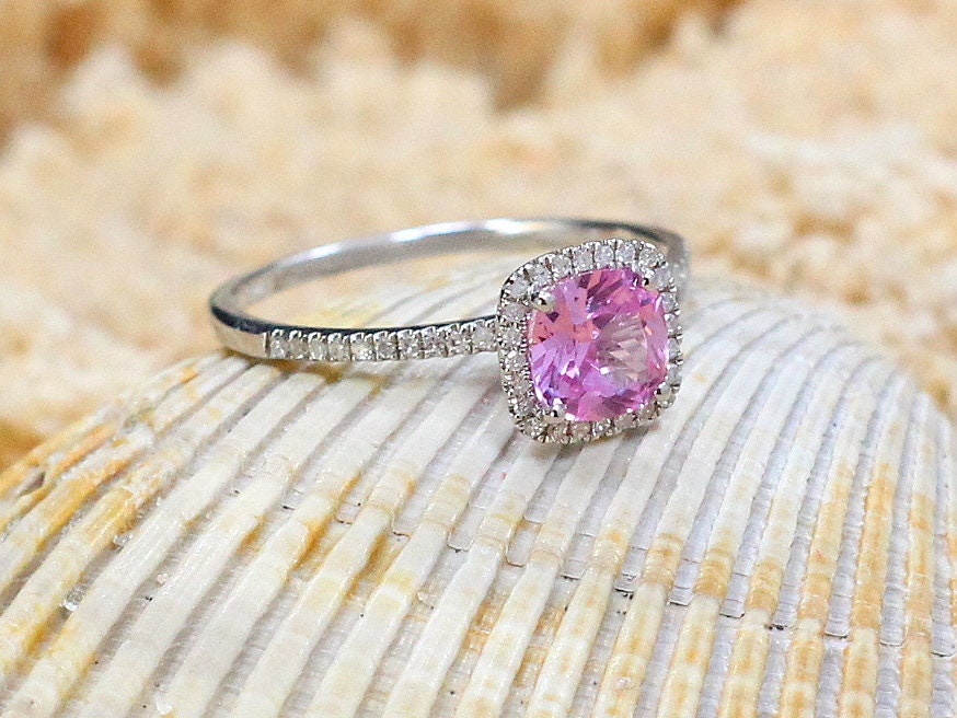 Pink Sapphire Engagement Ring,Cushion Halo Ring,Cuscino Petite,1ct Ring,Pink Sapphire Ring,White-Yellow-Rose Gold-10k-14k-18k-Plt BellaMoreDesign.com