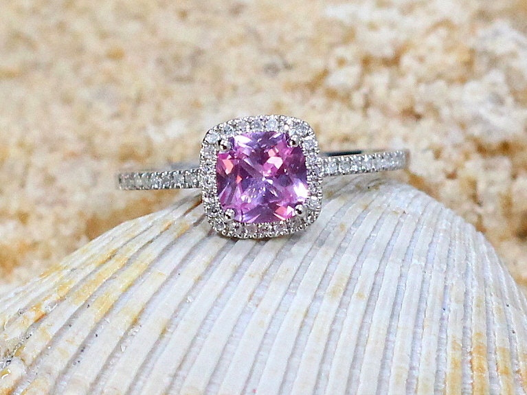 Pink Sapphire Engagement Ring,Cushion Halo Ring,Cuscino Petite,1ct Ring,Pink Sapphire Ring,White-Yellow-Rose Gold-10k-14k-18k-Plt BellaMoreDesign.com