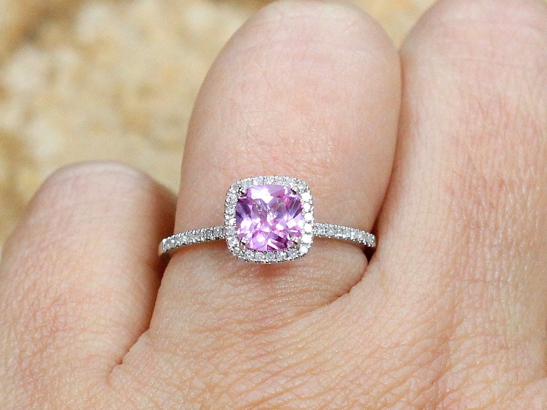 Pink Sapphire Engagement Ring,Cushion Halo Ring,Cuscino Petite,1ct Ring,Pink Sapphire Ring,White-Yellow-Rose Gold-10k-14k-18k-Plt BellaMoreDesign.com