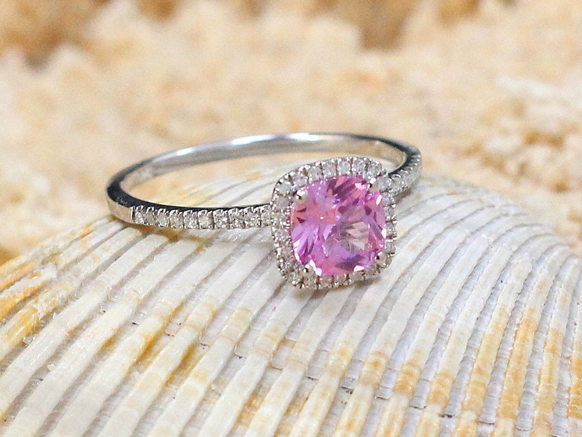 Pink Sapphire Engagement Ring,Cushion Halo Ring,Cuscino Petite,1ct Ring,Pink Sapphire Ring,White-Yellow-Rose Gold-10k-14k-18k-Plt BellaMoreDesign.com