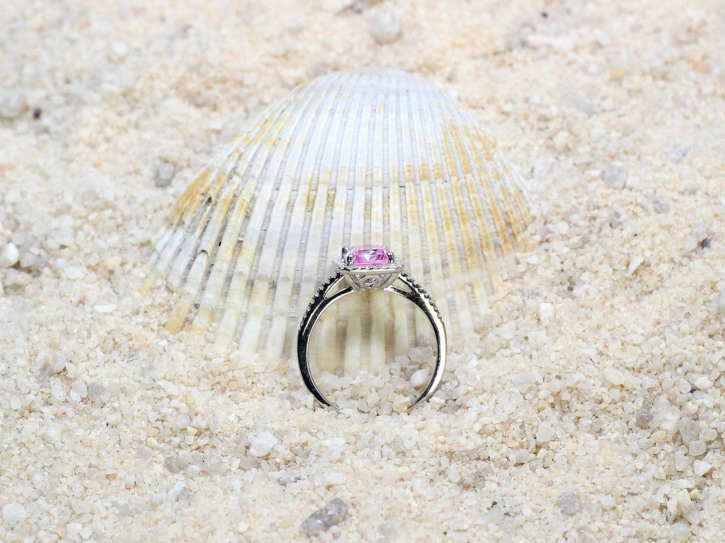 Pink Sapphire Engagement Ring, Emerald Cut Ring, Halo, Hemera, 2ct BellaMoreDesign.com