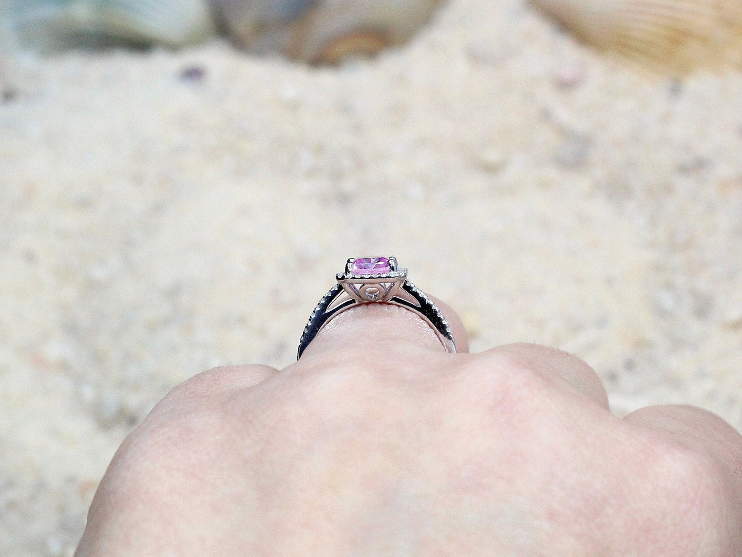 Pink Sapphire Engagement Ring, Emerald Cut Ring, Halo, Hemera, 2ct BellaMoreDesign.com