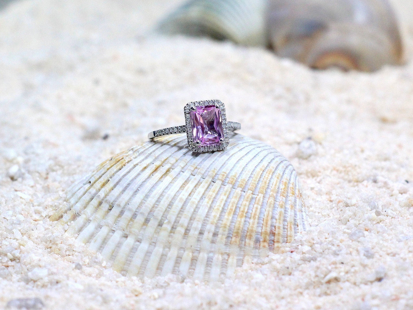 Pink Sapphire Engagement Ring, Emerald Halo, Ione, 2ct , Emerald Cut, Diamond Band BellaMoreDesign.com