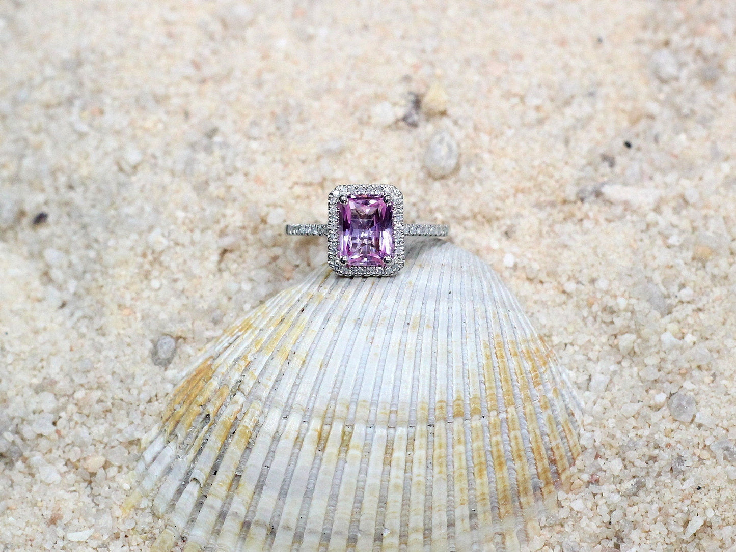 Pink Sapphire Engagement Ring, Emerald Halo, Ione, 2ct , Emerald Cut, Diamond Band BellaMoreDesign.com