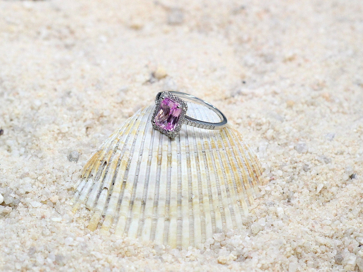 Pink Sapphire Engagement Ring, Emerald Halo, Ione, 2ct , Emerald Cut, Diamond Band BellaMoreDesign.com