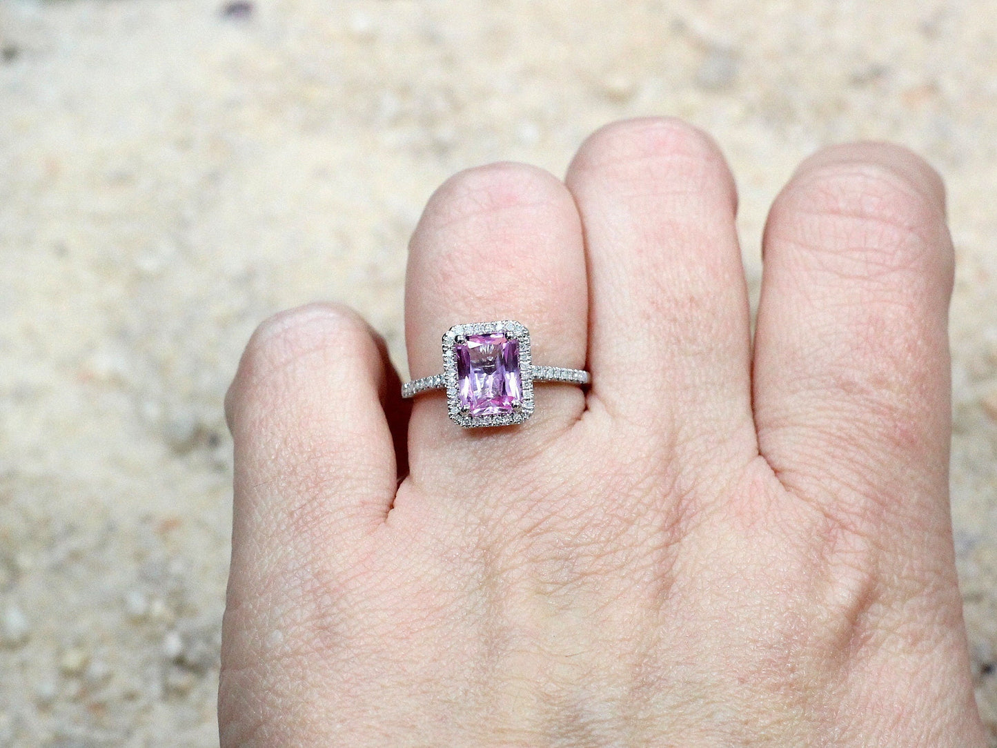 Pink Sapphire Engagement Ring, Emerald Halo, Ione, 2ct , Emerald Cut, Diamond Band BellaMoreDesign.com