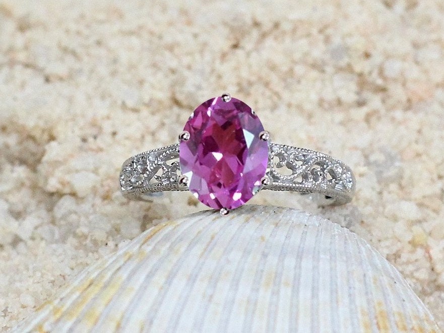 Pink Sapphire Engagement Ring, Pink Sapphire, Oval, Antique, Filigree, Milgrain, Polymnia, 3ct 9x7mm BellaMoreDesign.com
