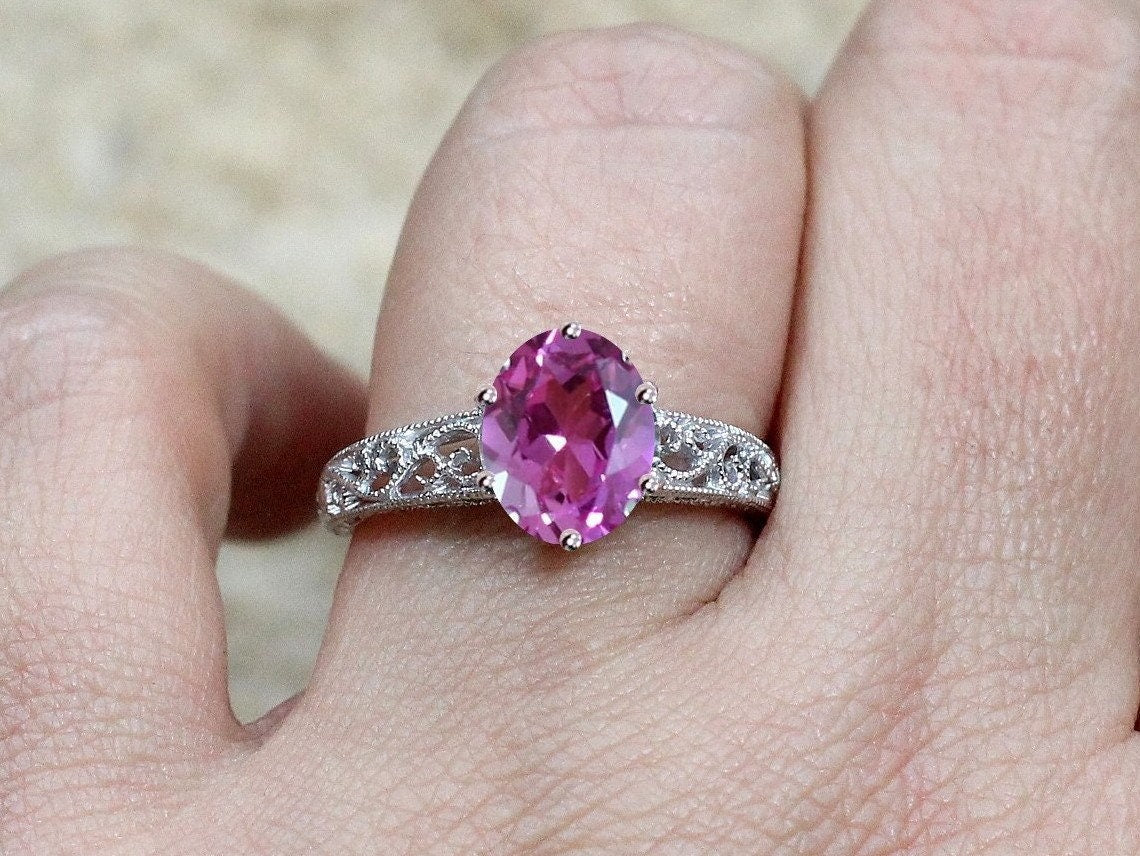 Pink Sapphire Engagement Ring, Pink Sapphire, Oval, Antique, Filigree, Milgrain, Polymnia, 3ct 9x7mm BellaMoreDesign.com