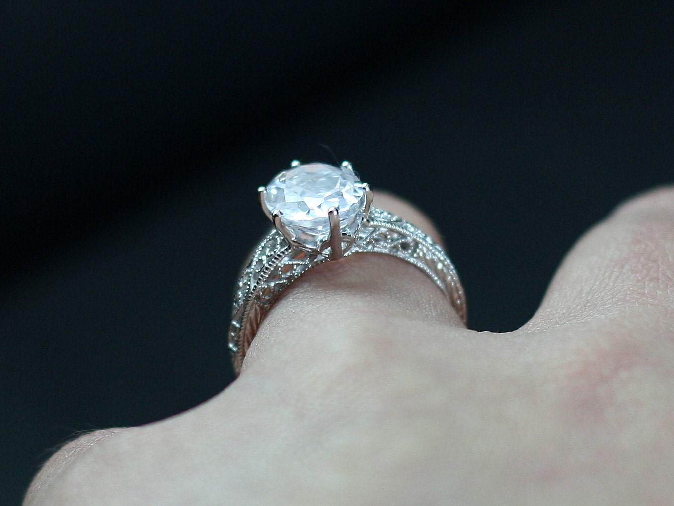 Pink Sapphire Engagement Ring, Pink Sapphire, Oval, Antique, Filigree, Milgrain, Polymnia, 3ct 9x7mm BellaMoreDesign.com