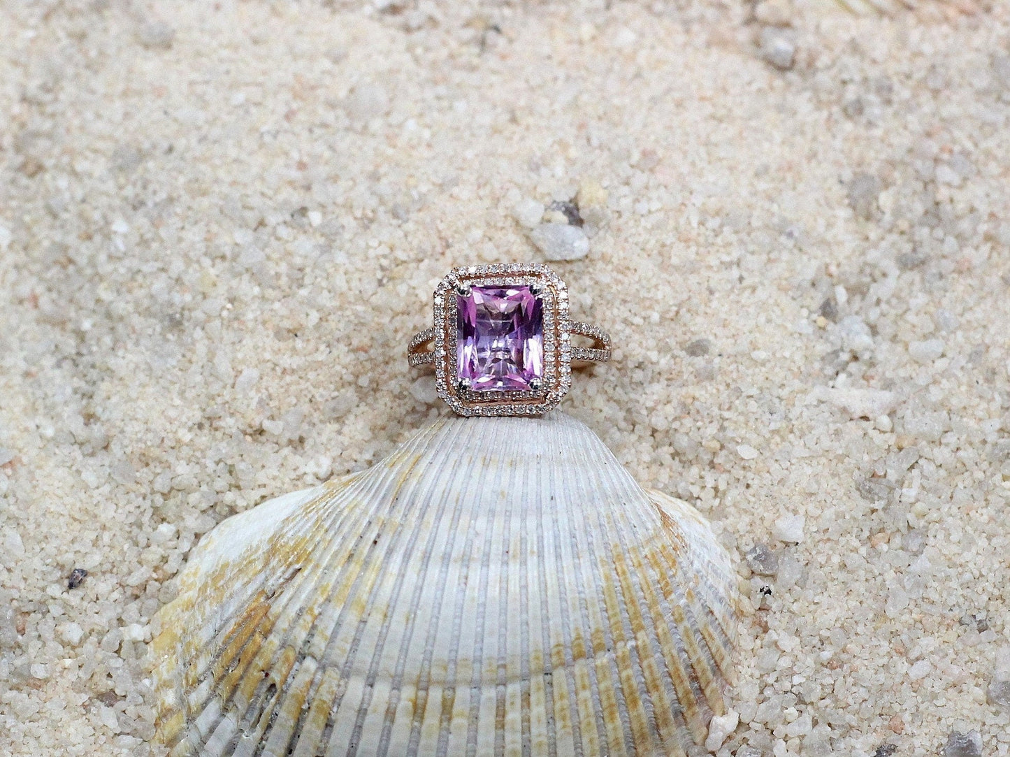 Pink Sapphire Engagement Ring,Radiant Double Halo, Belus, 4ct, 10x8mm BellaMoreDesign.com