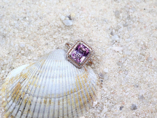 Pink Sapphire Engagement Ring,Radiant Double Halo, Belus, 4ct, 10x8mm BellaMoreDesign.com