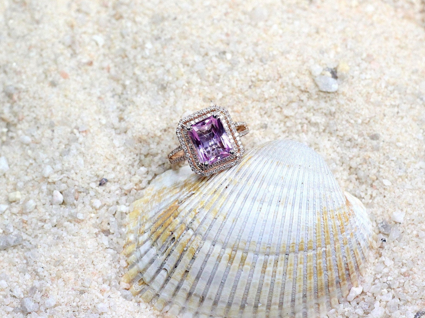 Pink Sapphire Engagement Ring,Radiant Double Halo, Belus, 4ct, 10x8mm BellaMoreDesign.com
