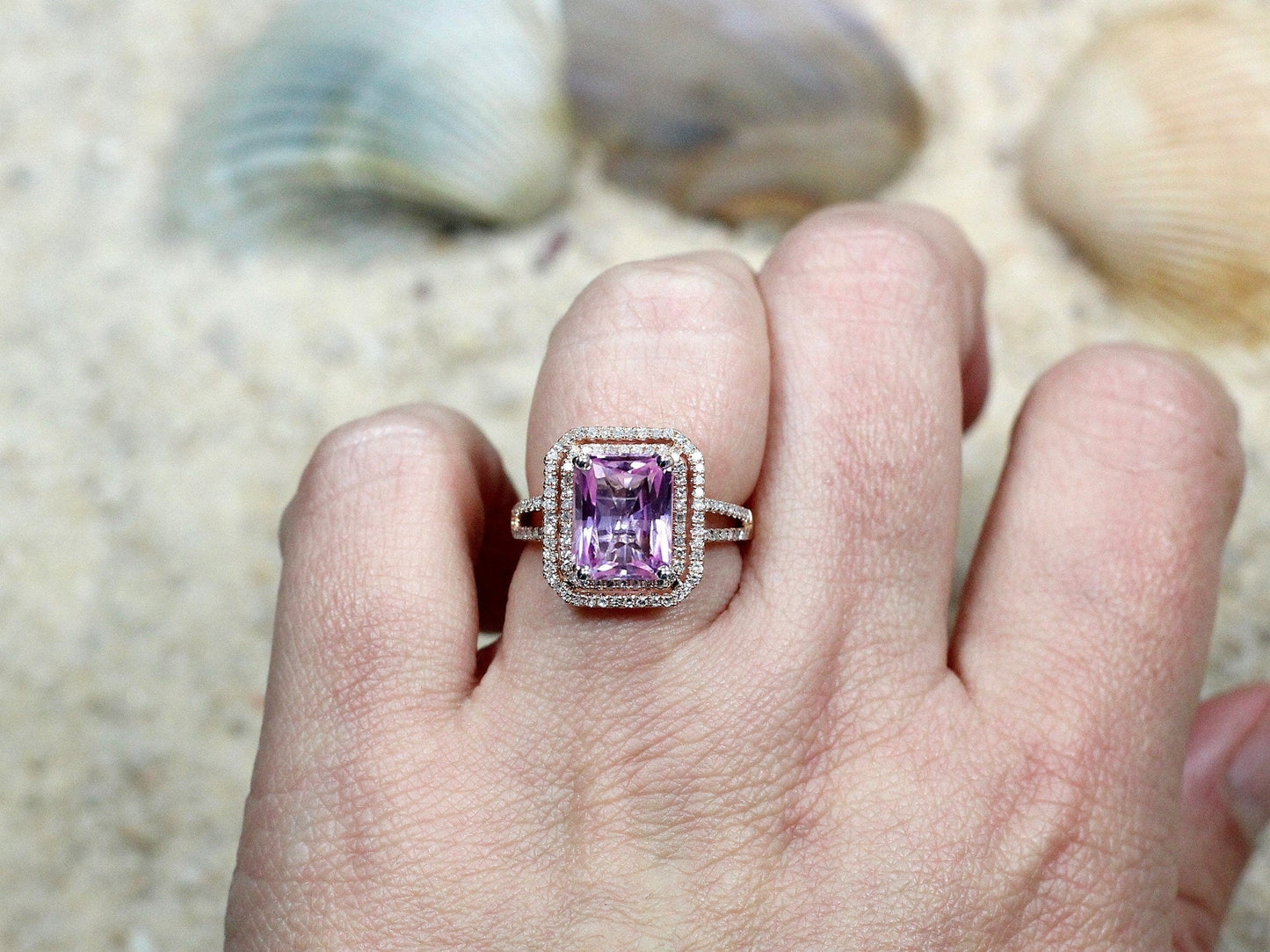 Pink Sapphire Engagement Ring,Radiant Double Halo, Belus, 4ct, 10x8mm BellaMoreDesign.com