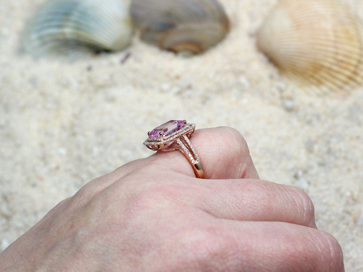 Pink Sapphire Engagement Ring,Radiant Double Halo, Belus, 4ct, 10x8mm BellaMoreDesign.com