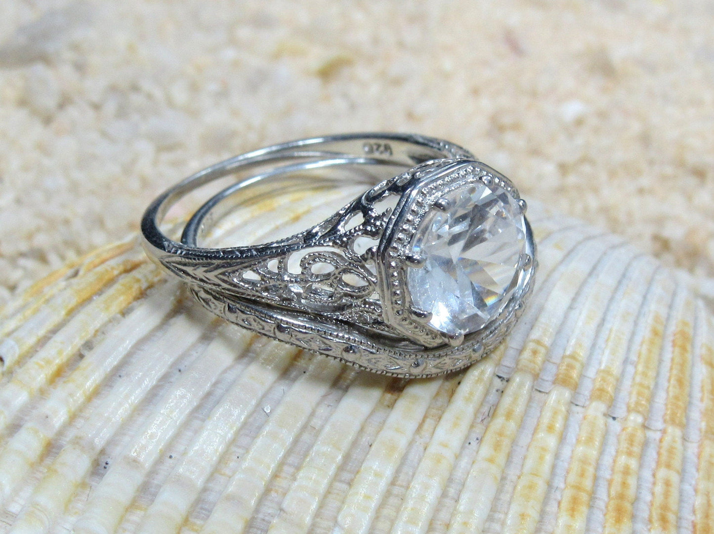 Pink Sapphire Engagement Ring,Sapphire Ring,White Sapphire Ring,Wedding Band Set,Vintage Ring,Antique Filigree Ring,Fides, 2ct 8mm BellaMoreDesign.com