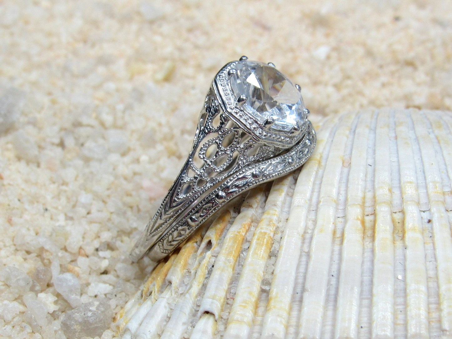 Pink Sapphire Engagement Ring,Sapphire Ring,White Sapphire Ring,Wedding Band Set,Vintage Ring,Antique Filigree Ring,Fides, 2ct 8mm BellaMoreDesign.com
