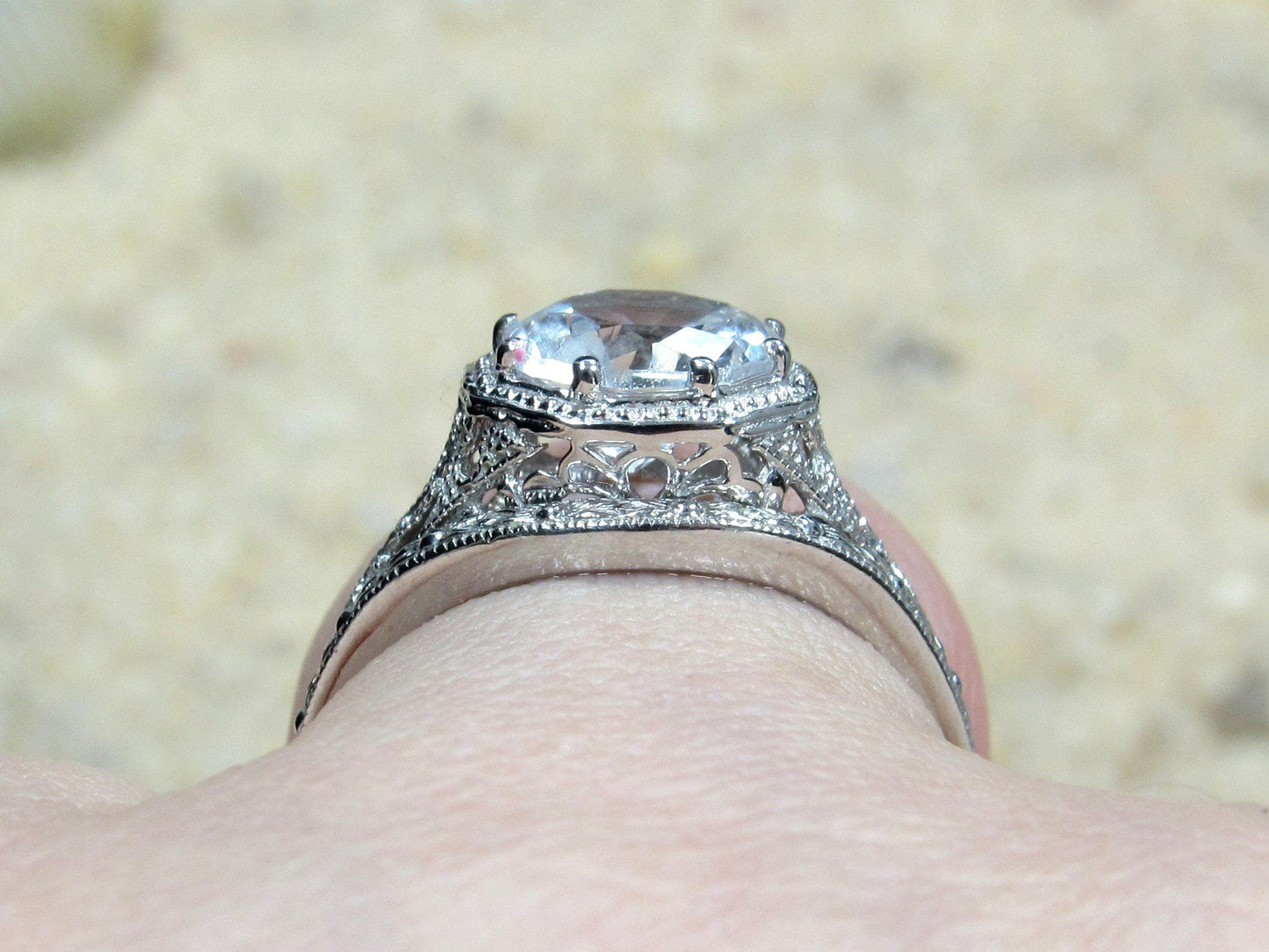 Pink Sapphire Engagement Ring,Sapphire Ring,White Sapphire Ring,Wedding Band Set,Vintage Ring,Antique Filigree Ring,Fides, 2ct 8mm BellaMoreDesign.com