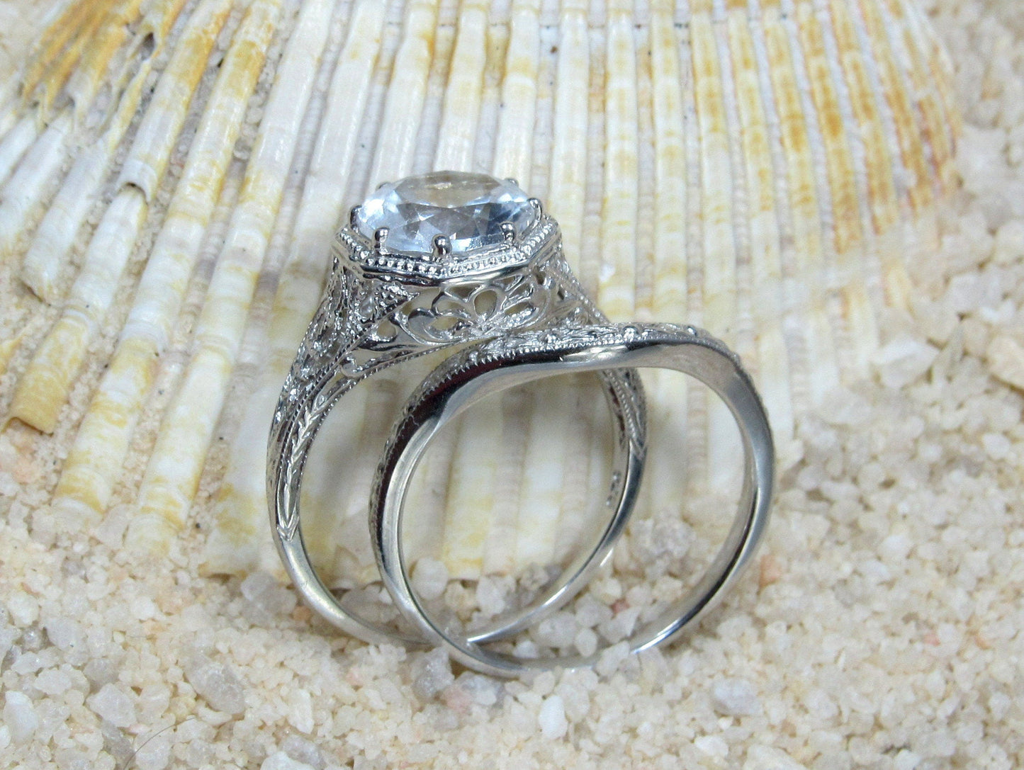 Pink Sapphire Engagement Ring,Sapphire Ring,White Sapphire Ring,Wedding Band Set,Vintage Ring,Antique Filigree Ring,Fides, 2ct 8mm BellaMoreDesign.com