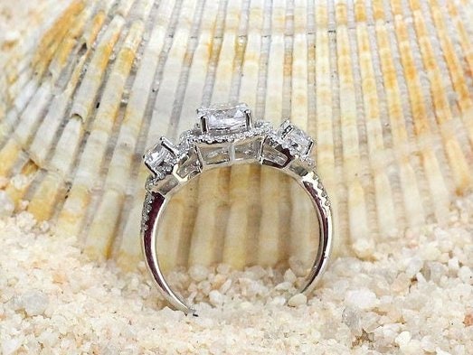 Ready to Ship White Sapphire Diamonds 3 Stone triple Round Halo Engagement Ring, split shank, Euryale, 1ct, 6mm, Gift for her, Promise ring BellaMoreDesign.com