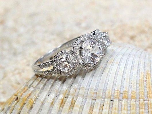 Ready to Ship White Sapphire Diamonds 3 Stone triple Round Halo Engagement Ring, split shank, Euryale, 1ct, 6mm, Gift for her, Promise ring BellaMoreDesign.com