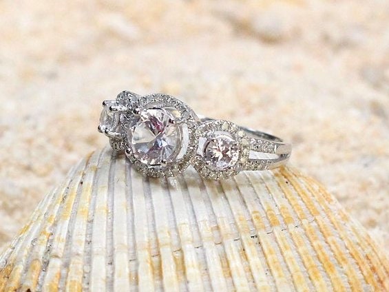 Ready to Ship White Sapphire Diamonds 3 Stone triple Round Halo Engagement Ring, split shank, Euryale, 1ct, 6mm, Gift for her, Promise ring BellaMoreDesign.com