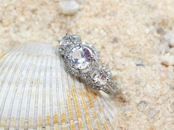 Ready to Ship White Sapphire Diamonds 3 Stone triple Round Halo Engagement Ring, split shank, Euryale, 1ct, 6mm, Gift for her, Promise ring BellaMoreDesign.com