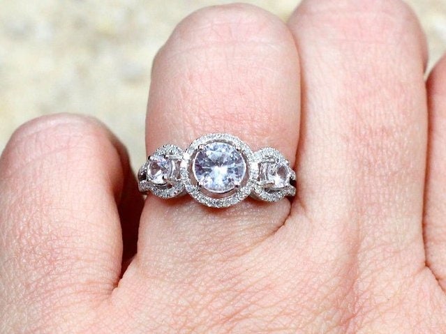 Ready to Ship White Sapphire Diamonds 3 Stone triple Round Halo Engagement Ring, split shank, Euryale, 1ct, 6mm, Gift for her, Promise ring BellaMoreDesign.com