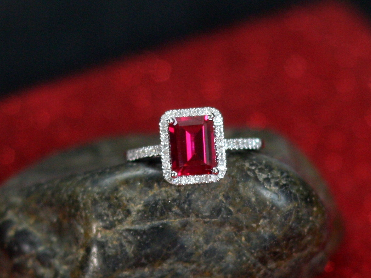 Red Ruby Engagement Ring, Diamonds Halo, Emerald cut, Ione, 2ct, 8x6mm, Promise Ring, Gift for her BellaMoreDesign.com