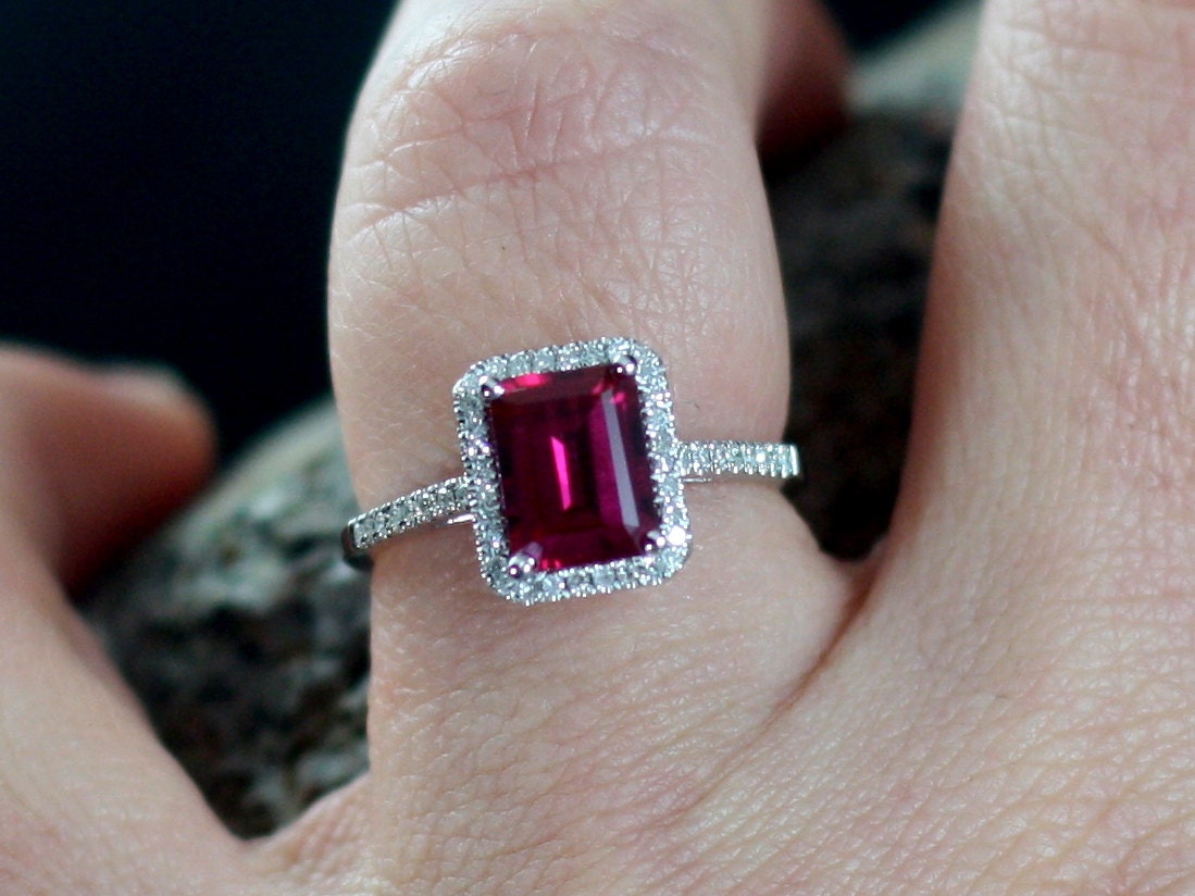 Red Ruby Engagement Ring, Diamonds Halo, Emerald cut, Ione, 2ct, 8x6mm, Promise Ring, Gift for her BellaMoreDesign.com