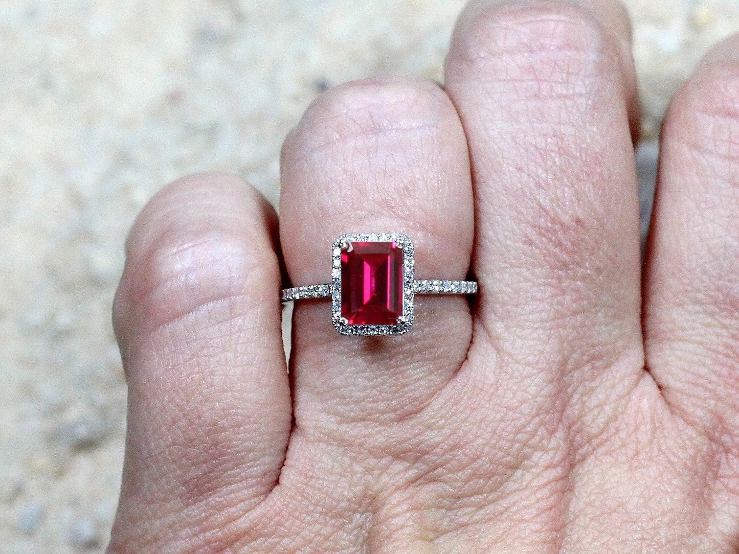 Red Ruby Engagement Ring, Diamonds Halo, Emerald cut, Ione, 2ct, 8x6mm, Promise Ring, Gift for her BellaMoreDesign.com