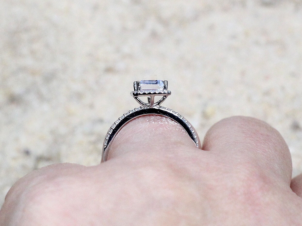 Red Ruby Engagement Ring, Diamonds Halo, Emerald cut, Ione, 2ct, 8x6mm, Promise Ring, Gift for her BellaMoreDesign.com