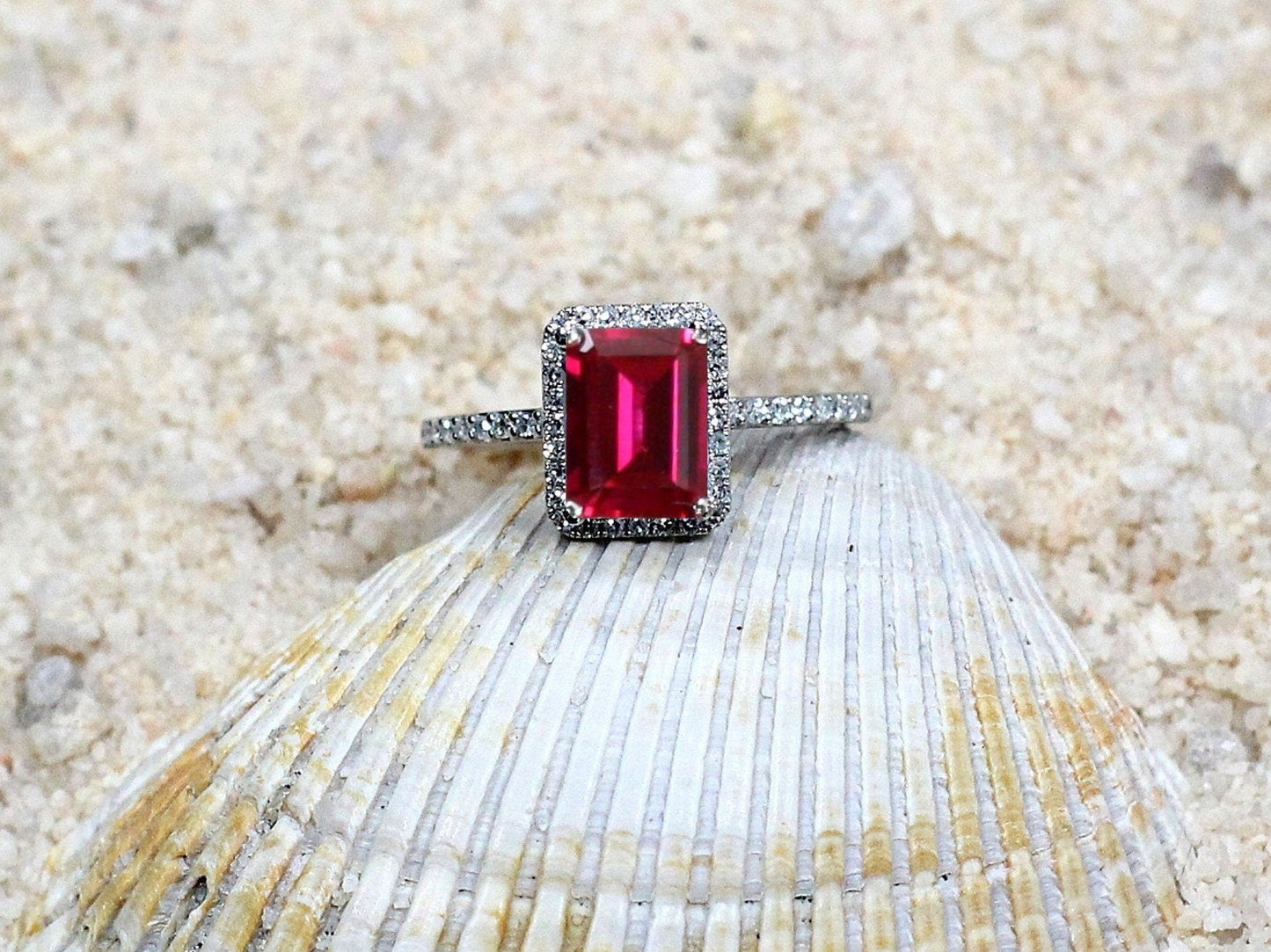 Red Ruby Engagement Ring, Diamonds Halo, Emerald cut, Ione, 2ct, 8x6mm, Promise Ring, Gift for her BellaMoreDesign.com