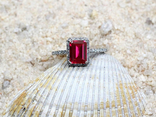 Red Ruby Engagement Ring, Diamonds Halo, Emerald cut, Ione, 2ct, 8x6mm, Promise Ring, Gift for her BellaMoreDesign.com