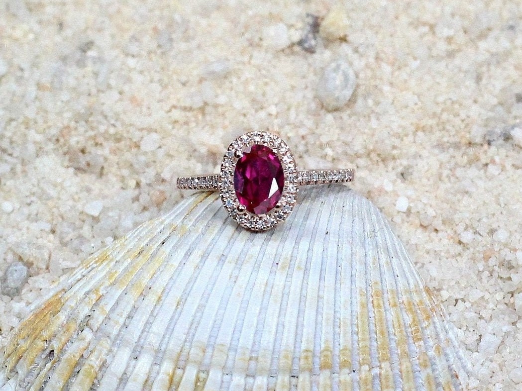 Ruby & Diamonds Engagement Ring Oval Halo Ovale Petite Basket Diamond 1ct 7x5mm Custom Size White-Yellow-Rose Gold-10k-14k-18k-Platinum BellaMoreDesign.com