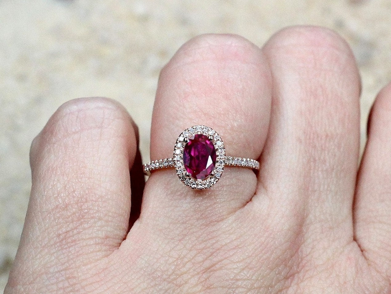 Ruby & Diamonds Engagement Ring Oval Halo Ovale Petite Basket Diamond 1ct 7x5mm Custom Size White-Yellow-Rose Gold-10k-14k-18k-Platinum BellaMoreDesign.com